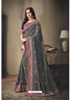 Dull Grey Faux Silk Heavy Worked Designer Saree