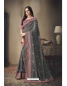 Dull Grey Faux Silk Heavy Worked Designer Saree