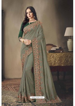 Grayish Green Faux Silk Heavy Worked Designer Saree