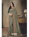 Grayish Green Faux Silk Heavy Worked Designer Saree