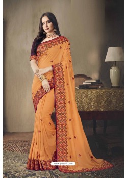 Orange Faux Silk Heavy Worked Designer Saree