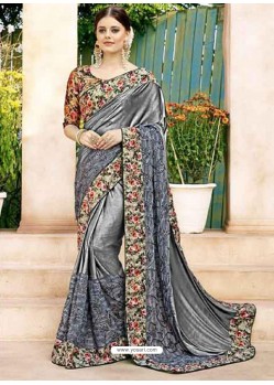 Silver China Embroidered Party Wear Saree