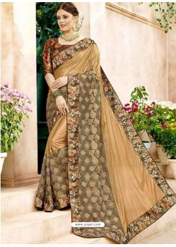 Beige China Embroidered Party Wear Saree