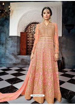 Peach Butterfly Net Heavy Embroidered Designer Anarkali Suit
