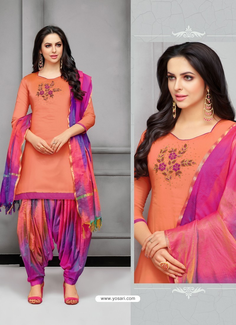 Buy Light Orange And Multi Colour Silk Embroidered Patiala Salwar Suit ...