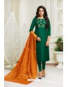 Dark Green Upada Silk Embroidered Churidar Suit