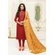 Red Upada Silk Embroidered Churidar Suit