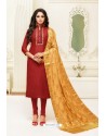 Red Upada Silk Embroidered Churidar Suit