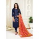 Navy Blue Upada Silk Embroidered Churidar Suit