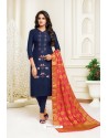 Navy Blue Upada Silk Embroidered Churidar Suit