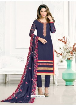 Navy Blue Georgette Embroidered Straight Suit
