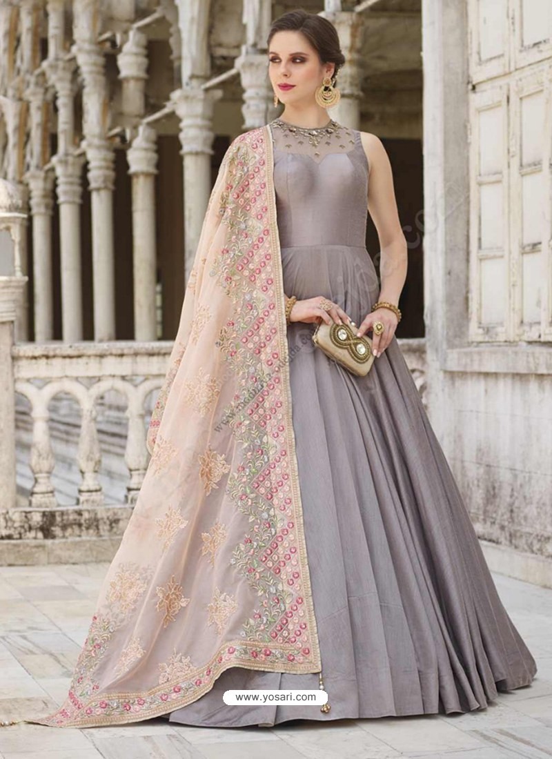 Buy Light Grey Muslin Hand Worked Designer Party Wear Gown | Gowns