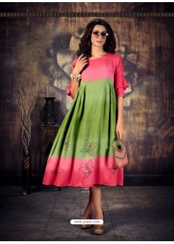 Green And Light Red Heavy Rayon Ombre Printed Readymade Kurti