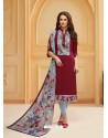 Maroon And Grey Glaze Cotton Digital Printed Churidar Suit