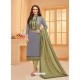 Grey And Mehendi Glaze Cotton Digital Printed Churidar Suit