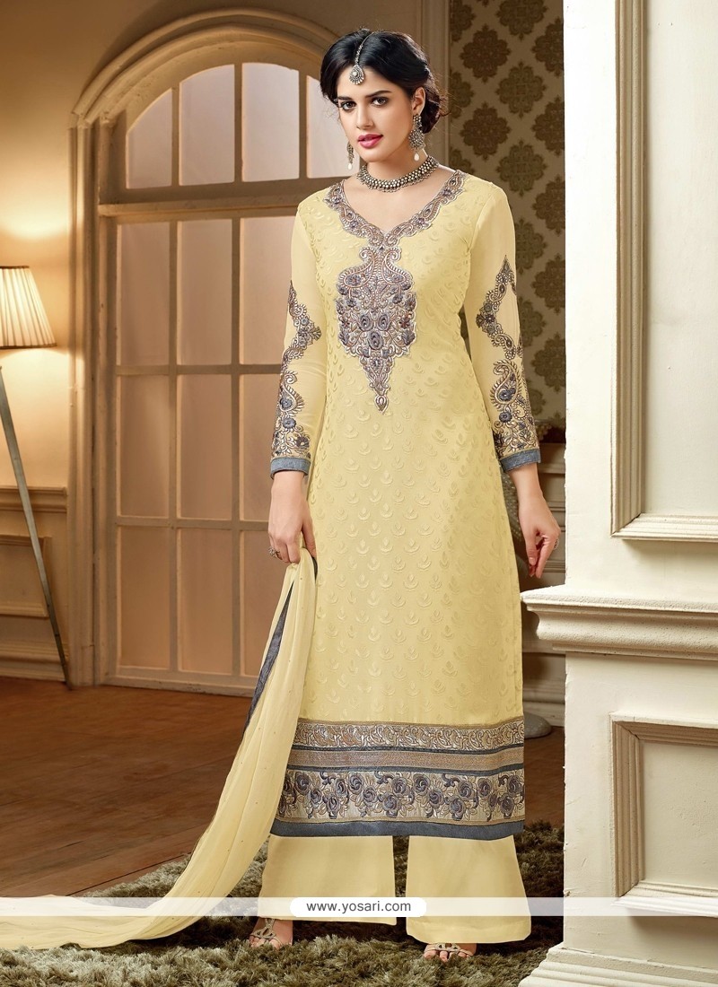 Light Yellow Embroidery Work Palazzo Suit