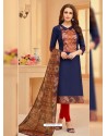 Navy And Red Glaze Cotton Digital Printed Churidar Suit