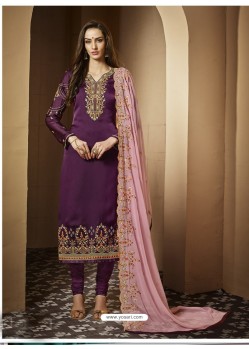 Purple Satin Georgette Embroidered Designer Churidar Suit