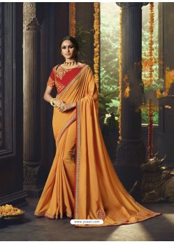 Orange Cotton Silk Embroidered Designer Party Wear Saree