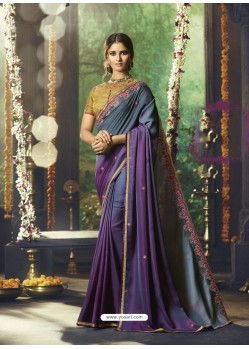 Pigeon And Lavender Barfi Silk Embroidered Designer Party Wear Saree