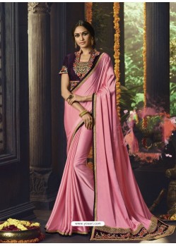 Pink Barfi Silk Embroidered Designer Party Wear Saree