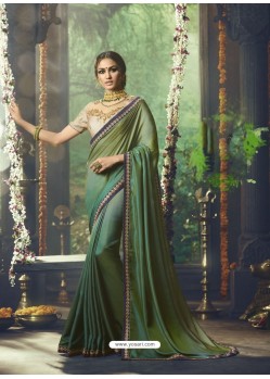 Mehendi And Green Barfi Silk Embroidered Designer Party Wear Saree
