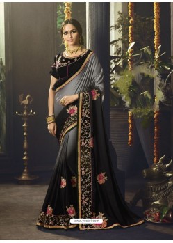 Black And Grey Silk Embroidered Designer Party Wear Saree
