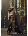 Black And Grey Silk Embroidered Designer Party Wear Saree