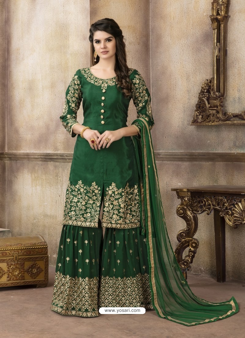Buy Dark Green Pure Viscose Upada Silk Designer Sarara Suit | Palazzo ...