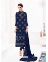 Navy Blue Pure Georgette Full Embroidered Churidar Suit