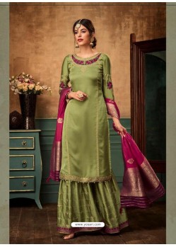 Olive Green Satin Georgette Heavy Embroidered Designer Sarara Suit