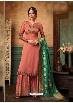 Peach Satin Georgette Heavy Embroidered Designer Sarara Suit