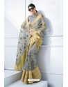 Grey Organza Silk Embroidered Designer Saree