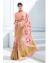 Peach Organza Silk Embroidered Designer Saree