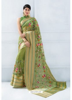 Green Organza Silk Embroidered Designer Saree