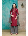 Maroon And Grey Upada Silk Embroidered Palazzo Suit