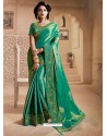 Aqua Mint Silk Lace Work Designer Saree