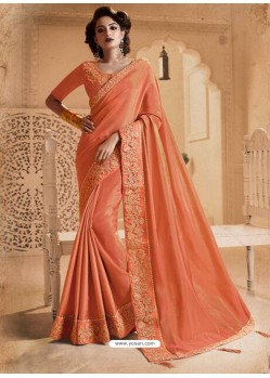 Orange Silk Lace Work Designer Saree