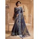 Aqua Grey Silk Lace Work Designer Saree