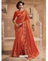 Stylish Orange Silk Lace Work Designer Saree