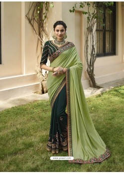 Sea And Dark Green Silk Embroidered Designer Party Wear Saree