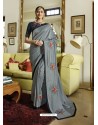 Grey Silk Embroidered Designer Party Wear Saree