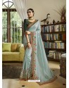 Light Grey Silk Embroidered Designer Party Wear Saree