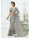 Light Grey Soft Net Heavy Embroidered Bridal Saree