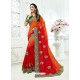 Orange And Red Crepe Silk Heavy Embroidered Bridal Saree