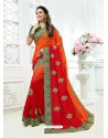 Orange And Red Crepe Silk Heavy Embroidered Bridal Saree