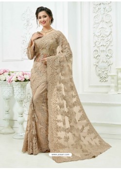 Taupe Soft Net Heavy Embroidered Bridal Saree