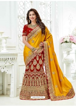 Yellow And Red Silk And Velvet Heavy Embroidered Bridal Saree