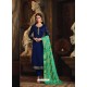 Navy Blue Satin Georgette Embroidered Churidar Suit
