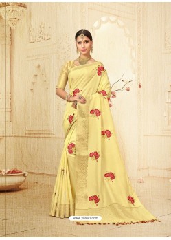 Cream Silk Thread Worked Designer Saree